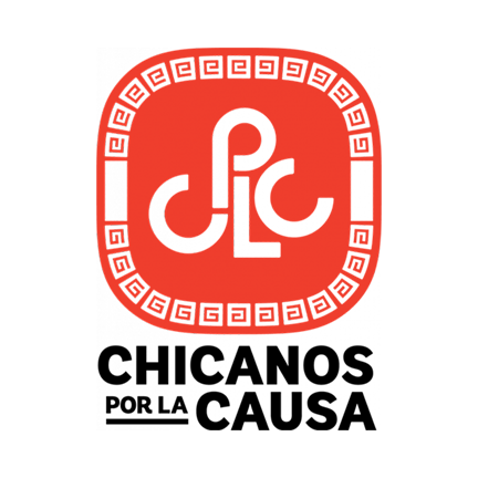 Chicanos por la Causa logo, with black text and red decorative seal
